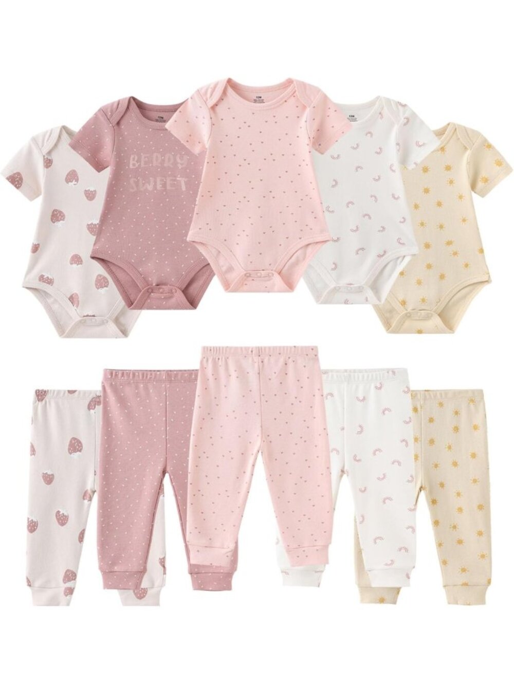 Soft Cotton Newborn Baby Bodysuit & Pant Set - 10-Piece Outfit for Infants